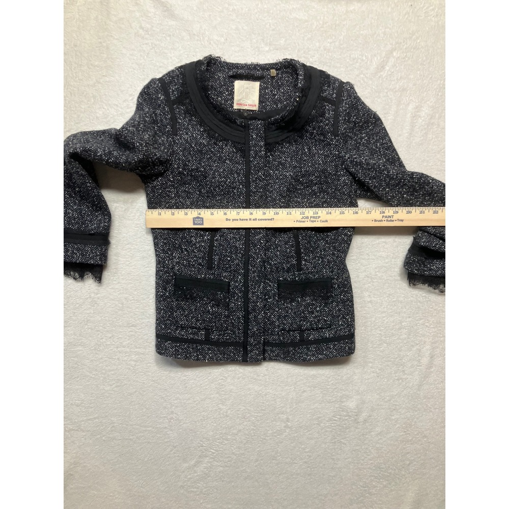 REBECCA TAYLOR Tweed Collarless Jacket Black Tweed Blazer Lace Trim Women's SZ 4 - Picture 16 of 16